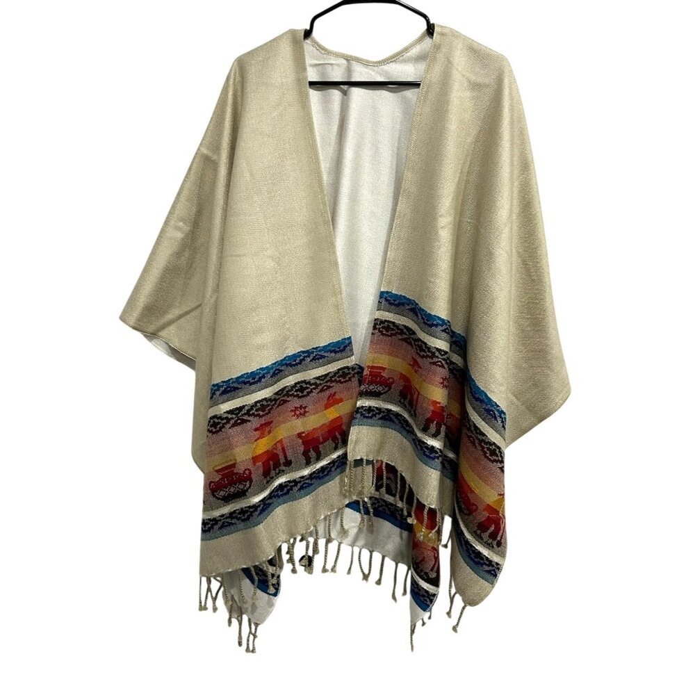 Southwestern Style Beige Poncho With Multicolor Pattern & Fringe Details